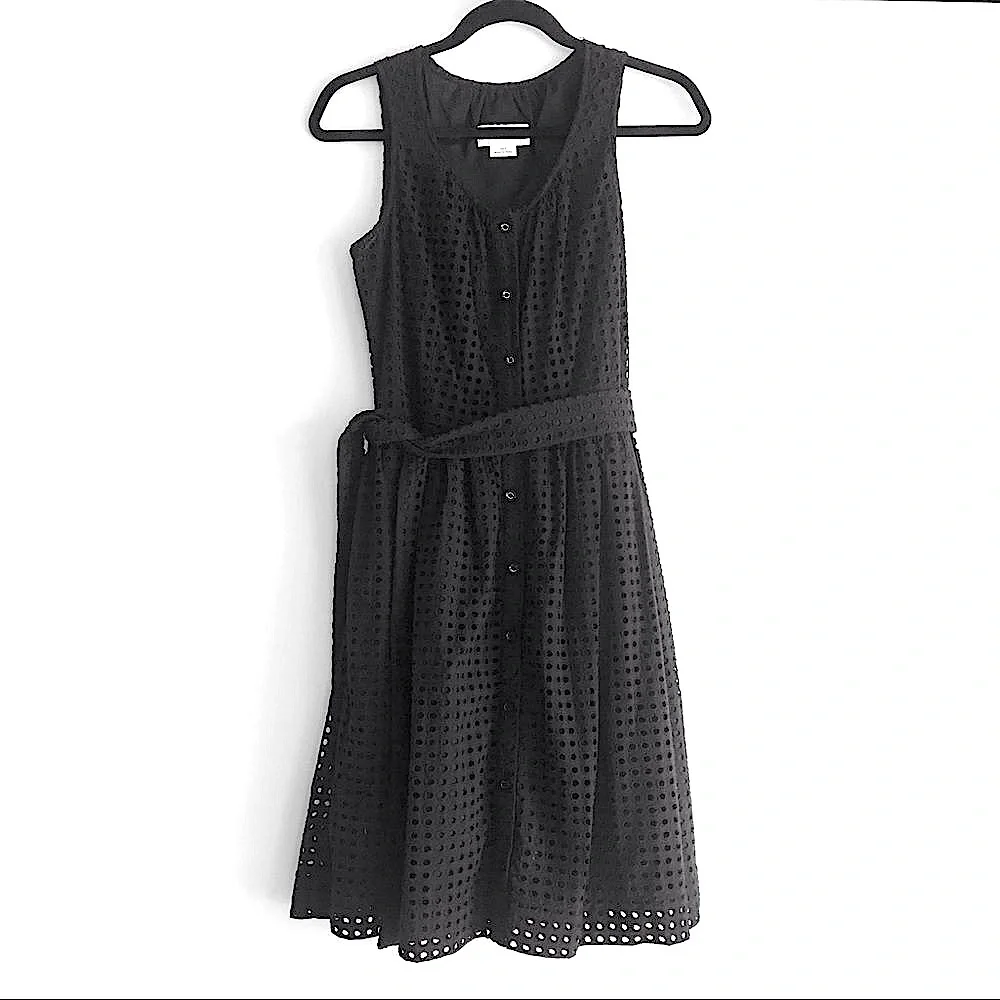 Kate Spade Broome Street Black Dot Eyelet Buttondown Tie Belt Midi Dress Small